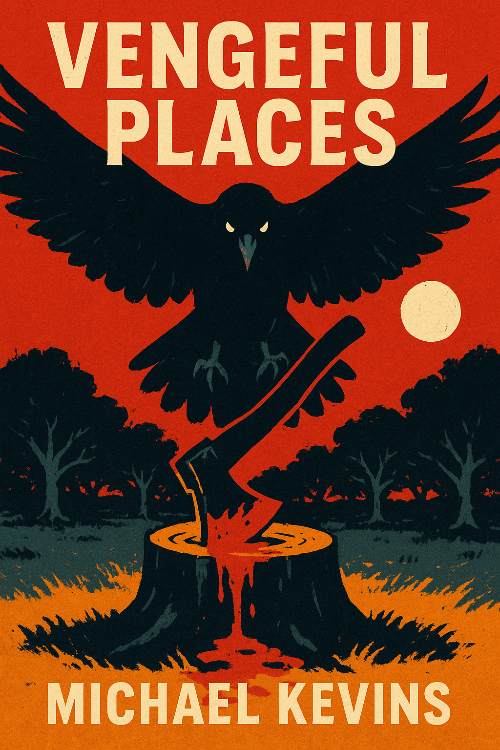 Vengeful Places book cover — a black crow perched on a blood-stained axe embedded in a tree stump